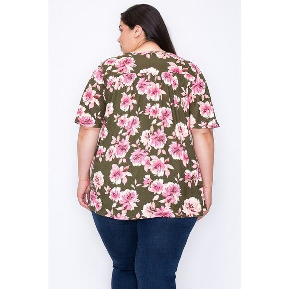 062 Curvy Lovey Shirred Flower Print Tunic Top in Olive - Picture 3 of 5